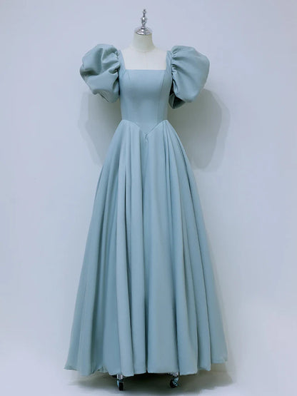 A-Line Square Neckline Satin Blue Long Prom Dress，Blue Formal Dress ED007