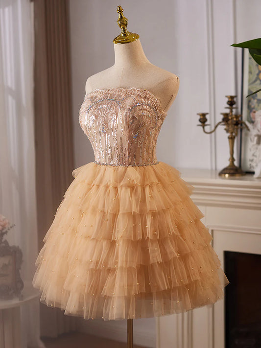 A-Line Tulle Lace Champagne Short Prom Dress, Champagne Homecoming Dress ED008