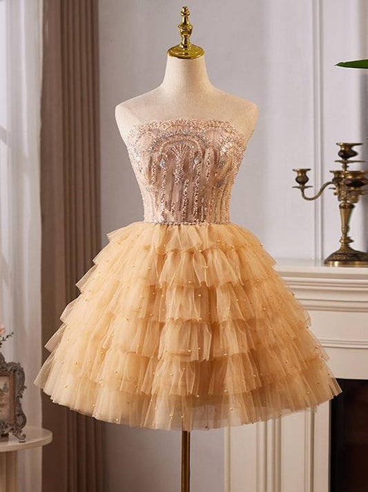 A-Line Tulle Lace Champagne Short Prom Dress, Champagne Homecoming Dress ED008