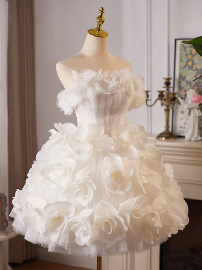 White Tulle Flower Ball Gown Short Prom Dress, Cute Sweet 16 Dress ED009
