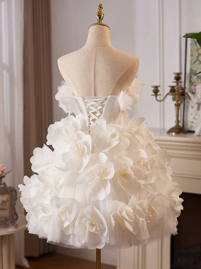 White Tulle Flower Ball Gown Short Prom Dress, Cute Sweet 16 Dress ED009