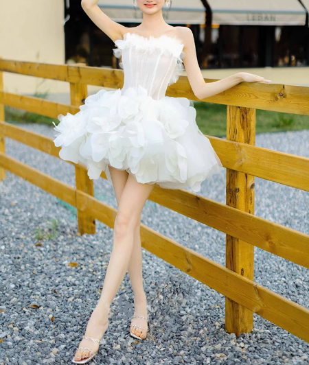White Tulle Flower Ball Gown Short Prom Dress, Cute Sweet 16 Dress ED009
