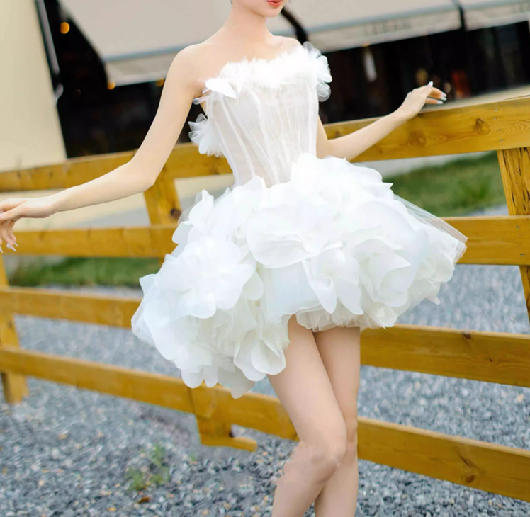 White Tulle Flower Ball Gown Short Prom Dress, Cute Sweet 16 Dress ED009