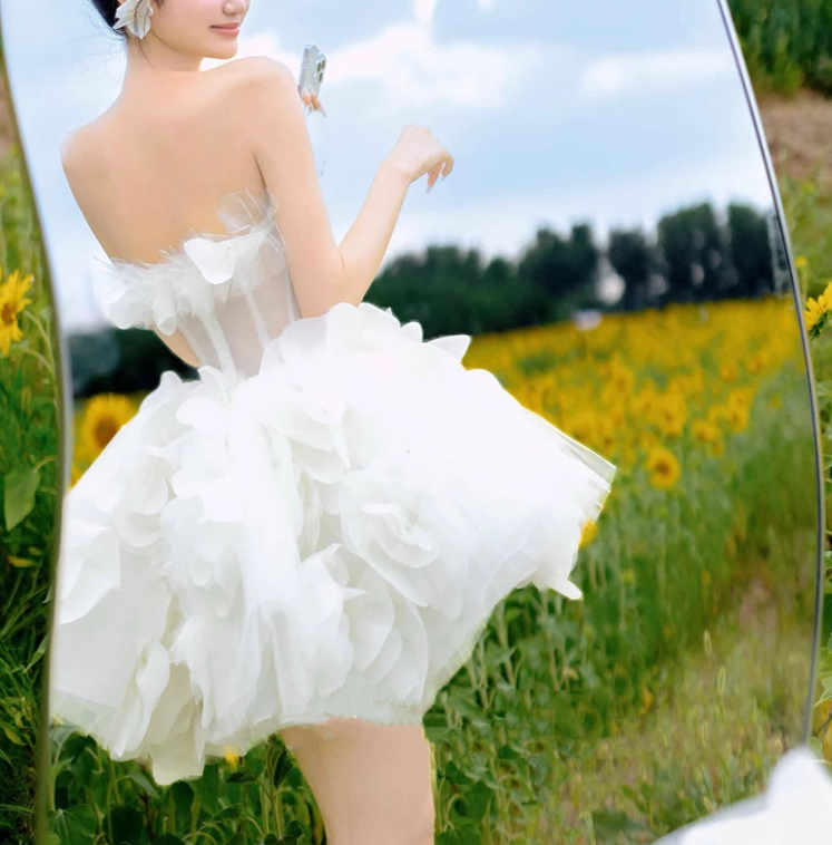 White Tulle Flower Ball Gown Short Prom Dress, Cute Sweet 16 Dress ED009