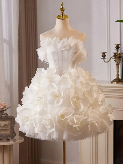 White Tulle Flower Ball Gown Short Prom Dress, Cute Sweet 16 Dress ED009