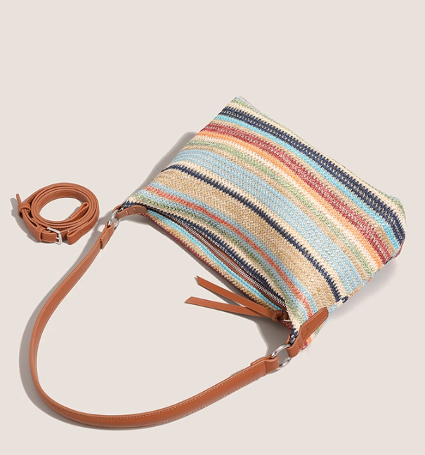 Rainbow Straw Large Capacity Woven Bag Shoulder Messenger Bag ED01011