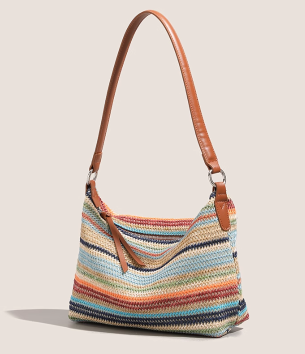 Rainbow Straw Large Capacity Woven Bag Shoulder Messenger Bag ED01011