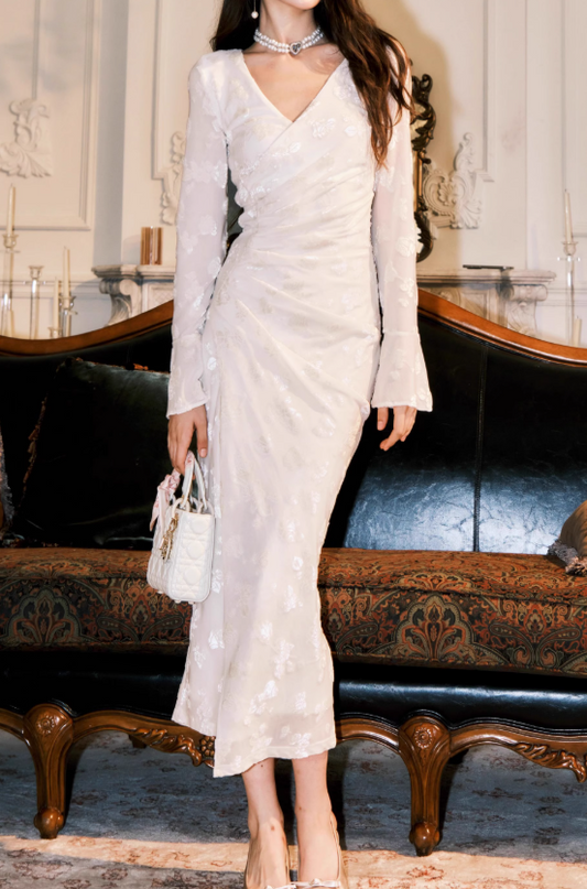 Französisches weißes beflocktes Langarmkleid ED01012