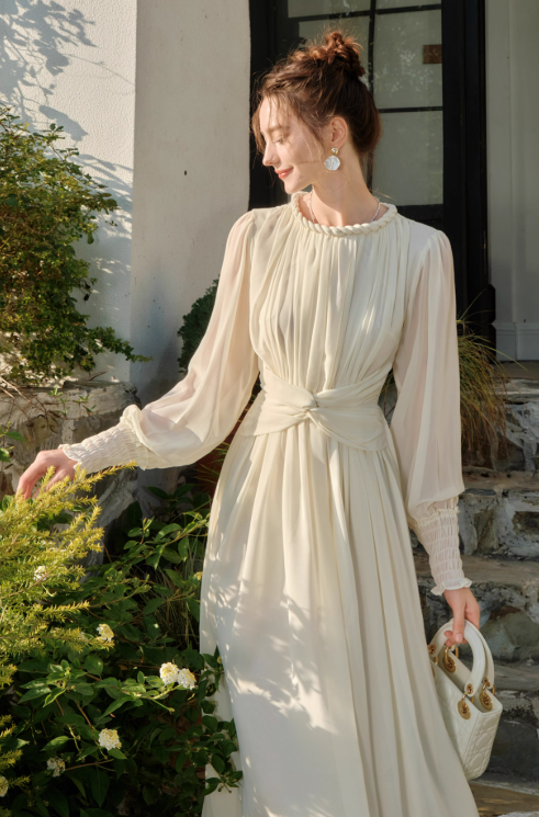 Langärmliges Chiffonkleid mit französischem Twist ED01014