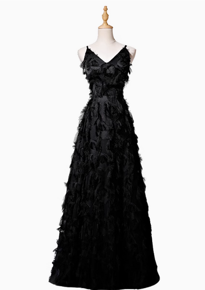 Black A-line V-neck satin long prom dress, black evening dress ED01028