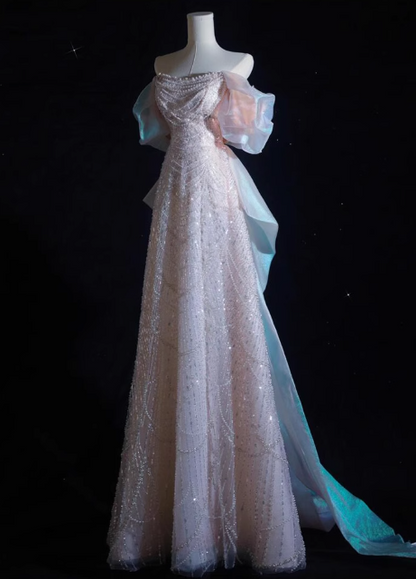 Soft Pink A-line off-shoulder tulle sequins beaded long prom dress, pink evening dress  ED01033