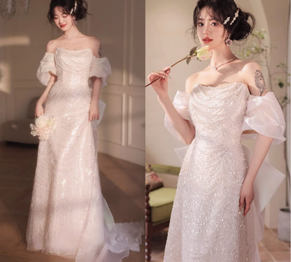 Soft Pink A-line off-shoulder tulle sequins beaded long prom dress, pink evening dress  ED01033