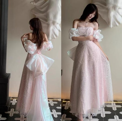 Soft Pink A-line off-shoulder tulle sequins beaded long prom dress, pink evening dress  ED01033