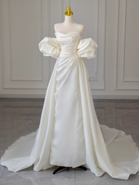 White A-line off-the-shoulder satin long prom dress, off-white long train dress ED01034