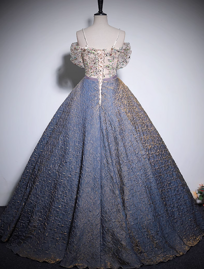 Purple A-line off-shoulder tulle sequined long prom dress, purple evening dress ED01035