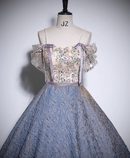 Purple A-line off-shoulder tulle sequined long prom dress, purple evening dress ED01035