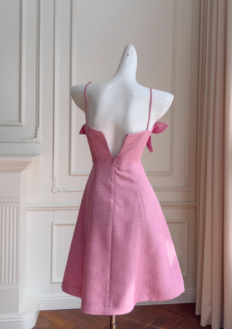 Rosarotes A-Linien-Kurzballkleid mit Spaghettiträgern, rosarotes Homecoming-Kleid ED01041
