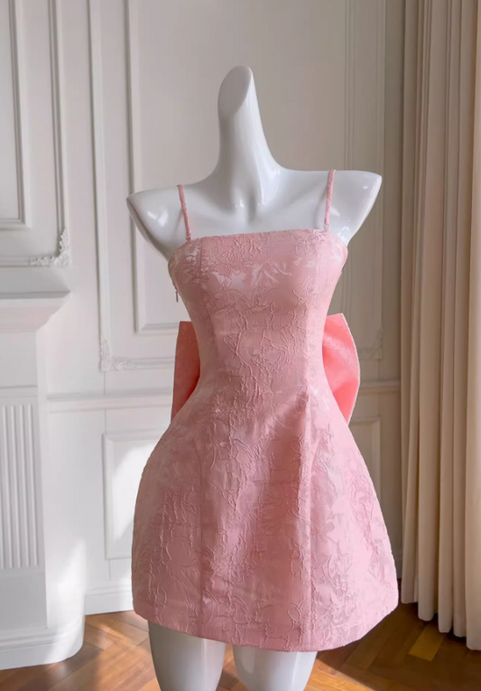 Rosa süßes A-Linien-Ballkleid mit Spaghettiträgern, kurz, ED01042