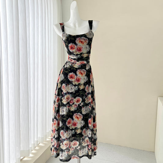 Schwarzes Teekleid im französischen Stil mit Blumenmuster und Sling-Ausschnitt ED01046 