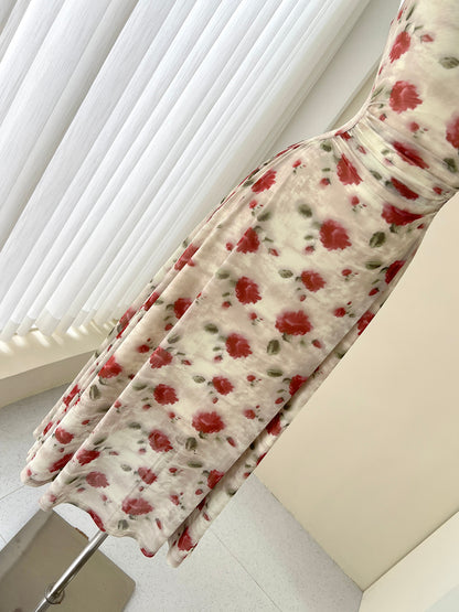 Französisches rotes florales Sling-Teekleid ED01047 