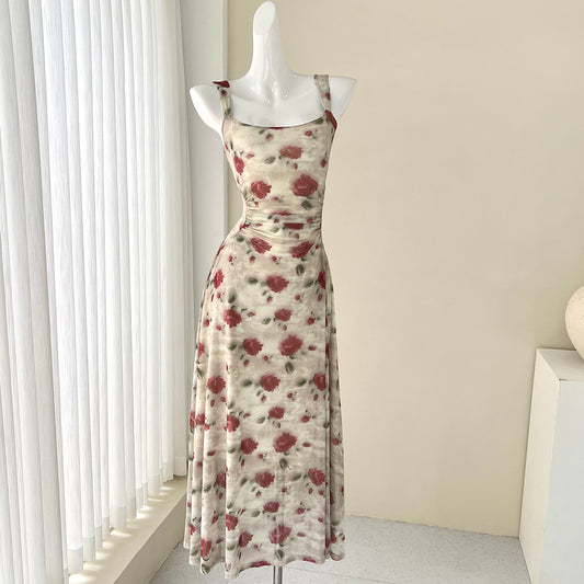 Französisches rotes florales Sling-Teekleid ED01047 