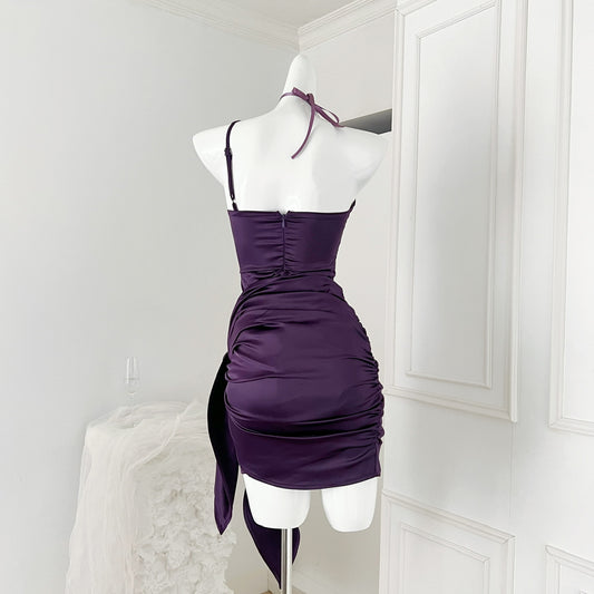 Purple Floral Halter Neck Satin Tube Dress  ED01050