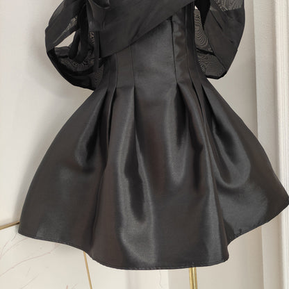 Schwarzes, schulterfreies, kurzes A-Linien-Ballkleid aus Tüllsatin, rosa Homecoming-Kleid ED01054