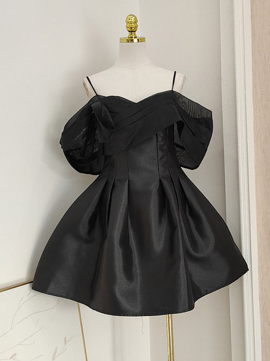 Schwarzes, schulterfreies, kurzes A-Linien-Ballkleid aus Tüllsatin, rosa Homecoming-Kleid ED01054
