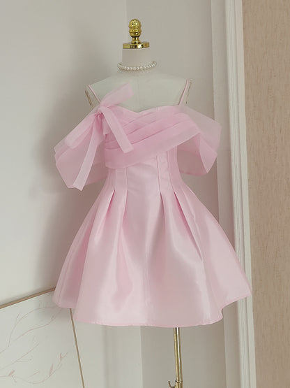 Rosa A-Linie schulterfreies kurzes Ballkleid aus Tüllsatin, rosa Homecoming-Kleid ED01056