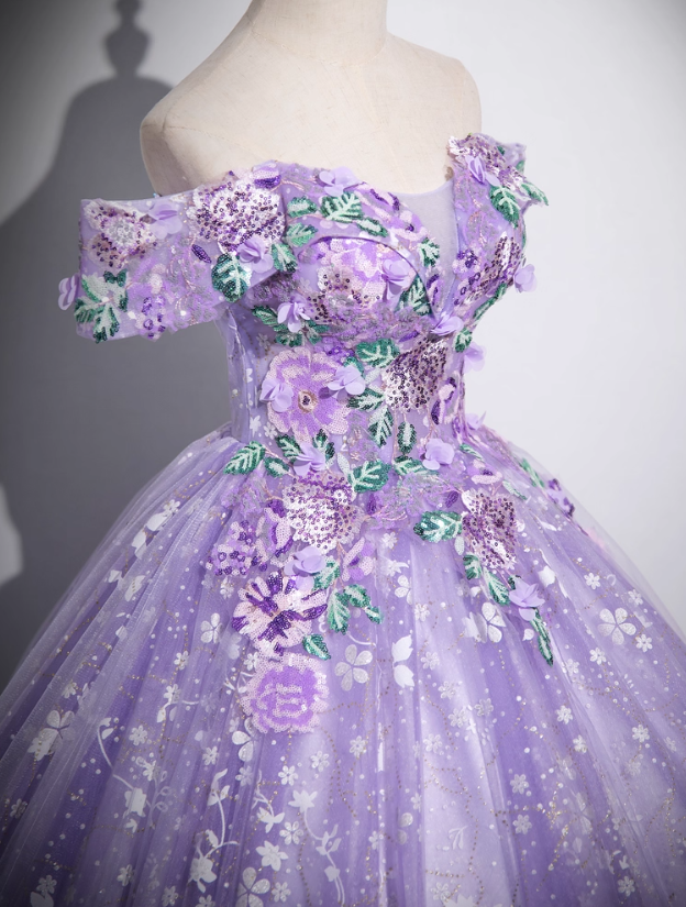 Elegant A-Line Off Shoulder Tulle Lace Purple Long Prom Dress, Purple Long Formal Dress ED01058