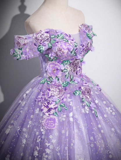 Elegant A-Line Off Shoulder Tulle Lace Purple Long Prom Dress, Purple Long Formal Dress ED01058