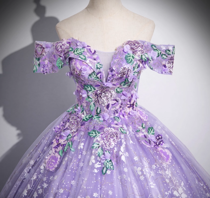 Elegant A-Line Off Shoulder Tulle Lace Purple Long Prom Dress, Purple Long Formal Dress ED01058