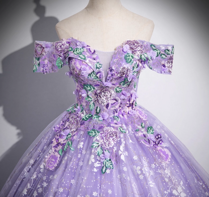 Elegant A-Line Off Shoulder Tulle Lace Purple Long Prom Dress, Purple Long Formal Dress ED01058