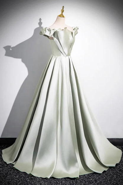 Light Green A-Line Satin Long Prom Dress, Simple Green Off shoulder Evening Dress ED01063