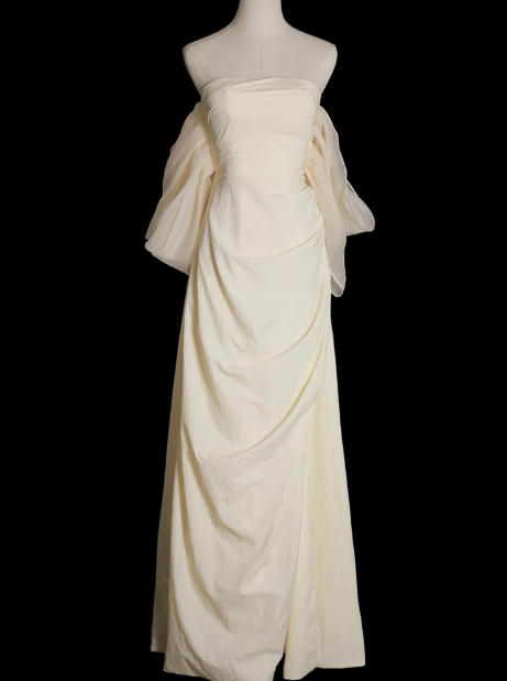 Apricot A-line strapless satin long prom dress, apricot evening dress ED01065