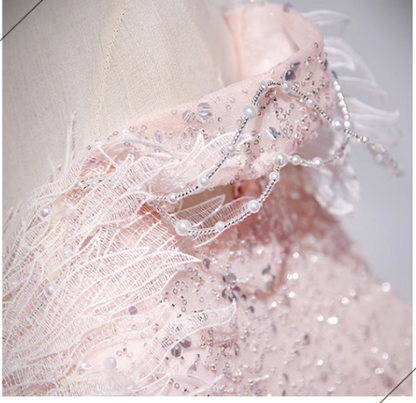 Pink A-line off-the-shoulder tulle lace sequined long prom dress, pink evening dress ED01066