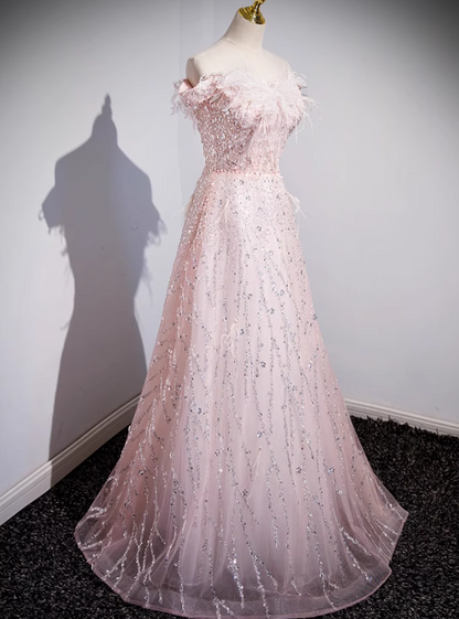 Pink A-line off-the-shoulder tulle lace sequined long prom dress, pink evening dress ED01066