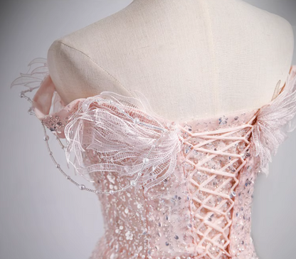 Pink A-line off-the-shoulder tulle lace sequined long prom dress, pink evening dress ED01066