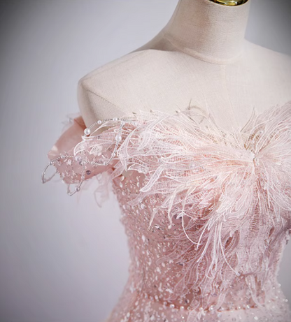 Pink A-line off-the-shoulder tulle lace sequined long prom dress, pink evening dress ED01066