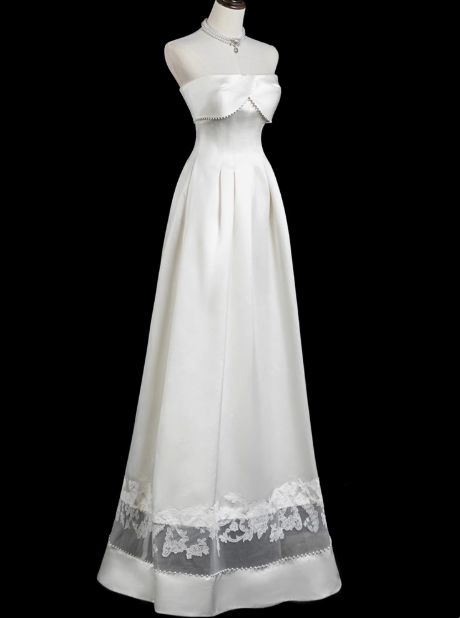 White A-line strapless satin long prom dress, white bridal dress ED01067