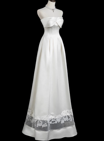 White A-line strapless satin long prom dress, white bridal dress ED01067