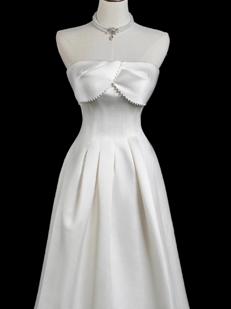 White A-line strapless satin long prom dress, white bridal dress ED01067
