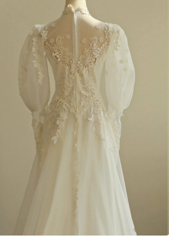 White A-line V-neck tulle lace long prom dress, White wedding dress with train ED01068