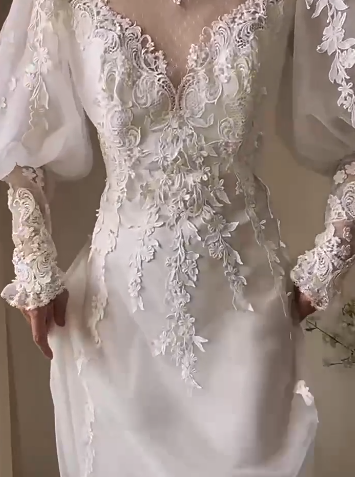 White A-line V-neck tulle lace long prom dress, White wedding dress with train ED01068