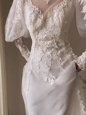 White A-line V-neck tulle lace long prom dress, White wedding dress with train ED01068