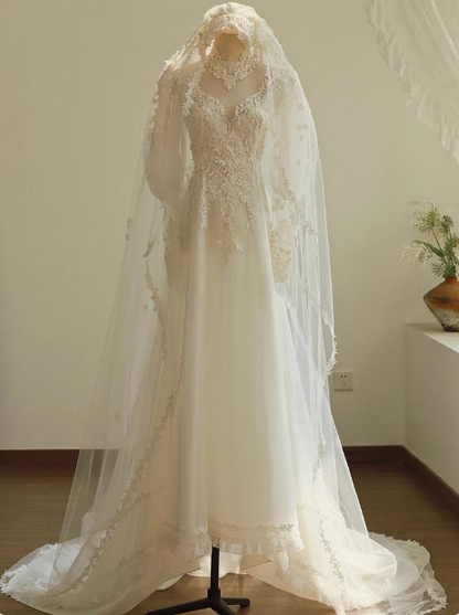 White A-line V-neck tulle lace long prom dress, White wedding dress with train ED01068