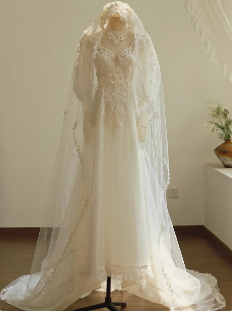 White A-line V-neck tulle lace long prom dress, White wedding dress with train ED01068
