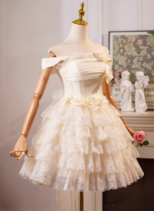 Champagnerfarbenes, schulterfreies A-Linien-Ballkleid aus Satintüllspitze, kurzes Champagner-Geburtstagskleid ED01069