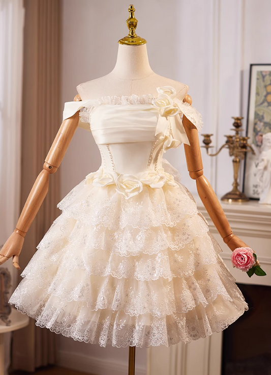 Champagnerfarbenes, schulterfreies A-Linien-Ballkleid aus Satintüllspitze, kurzes Champagner-Geburtstagskleid ED01069