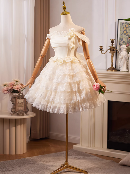 Champagnerfarbenes, schulterfreies A-Linien-Ballkleid aus Satintüllspitze, kurzes Champagner-Geburtstagskleid ED01069
